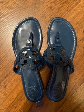 Tory Burch bluish greenish Patent Leather Logo Toe-Post Sandals